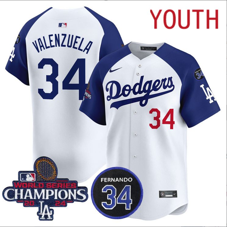 Youth  MLB Los Angeles Dodgers #34 Valenzuela white 2024 World Series Champions Patch Limited Jersey style 2